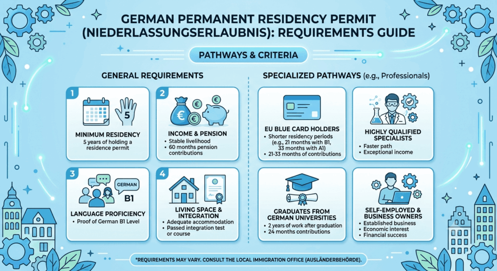 German Permanent Residency Permit structured 5-step process and key requirements, and  fast-track options for EU Blue Card holders and the general residency and pension criteria.